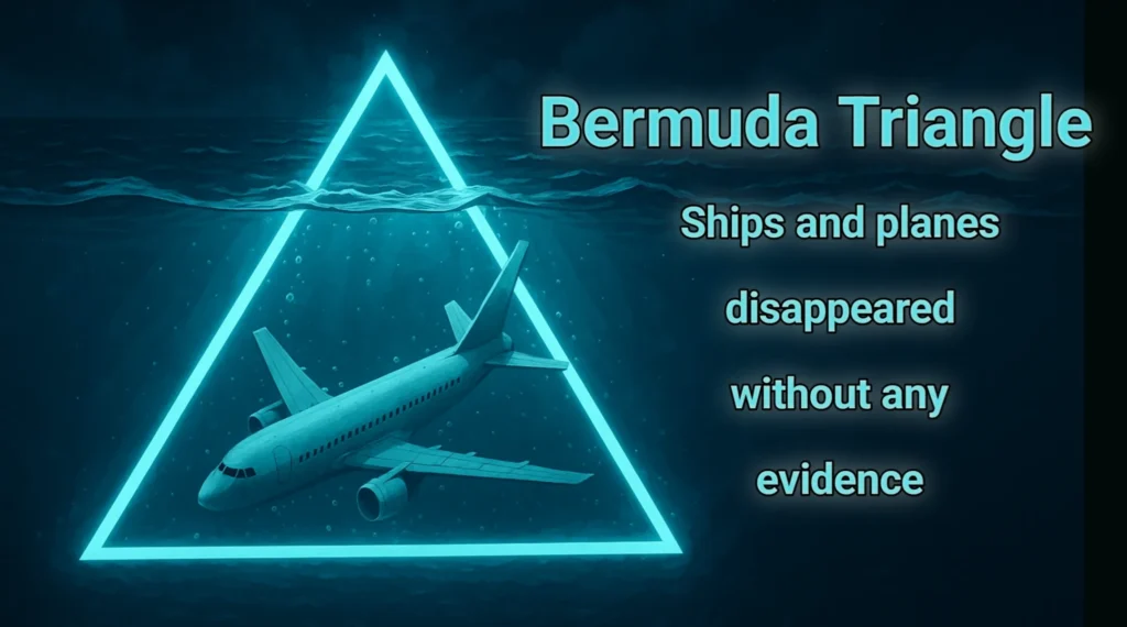 Bermuda Triangle ke samundar mein doobta hua ek airplane, paani ke andar bana ek glowing triangle ke beech mein – mystery aur gumnami ka pratik.
